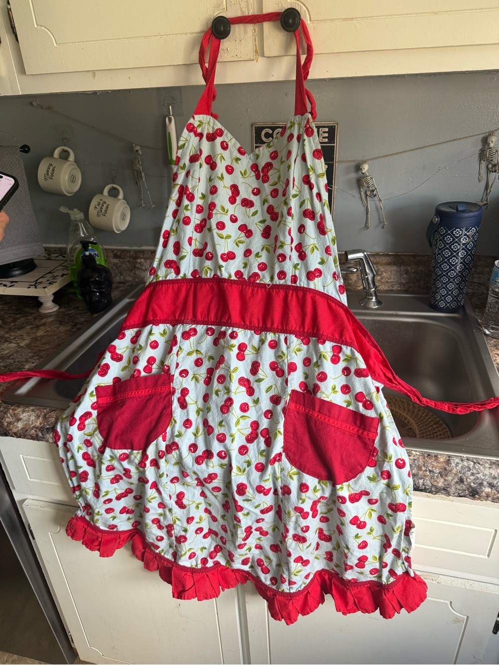 Vintage Red Cherry Print Kitchen Apron with Ruffle Trim